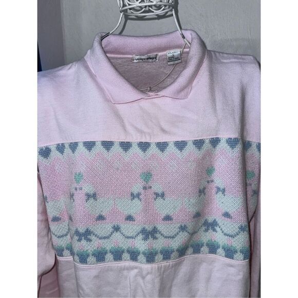 Vintage 90s Kawaii Lauren Brooke Collared Sweatshirt Pastels Duck hearts Geese S - Picture 10 of 11
